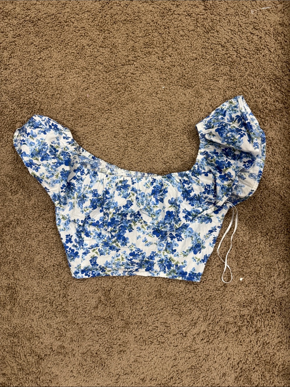 Blue Floral Puff-Sleeve Crop Top - Women's